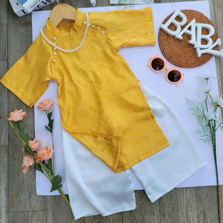 Áo dài tết cho bé gái cổ trụ truyền thống, áo dài cách tân bé gái chất lụa gấm cao cấp DA03 - BIATON KIDS