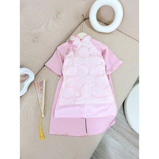 Sét áo dài cách tân bé gái màu hồng đính nơ xinh xắn chất lụa, áo dài tết cho bé gái size 10-30kg
