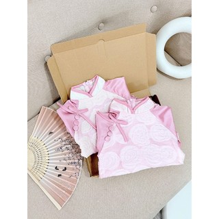 Sét áo dài cách tân bé gái màu hồng đính nơ xinh xắn chất lụa, áo dài tết cho bé gái size 10-30kg