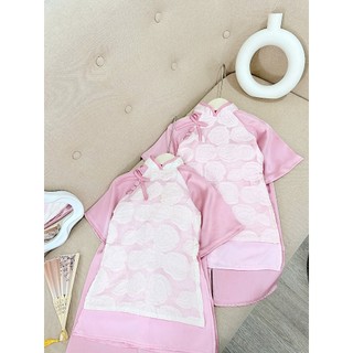 Sét áo dài cách tân bé gái màu hồng đính nơ xinh xắn chất lụa, áo dài tết cho bé gái size 10-30kg