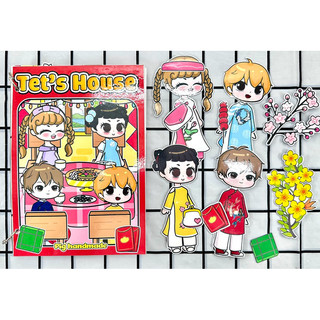 Đồ chơi bóc dán Tết sum vầy, nhà búp bê Gacha / 4 em búp bê chuẩn bị đón tết