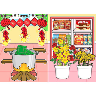 Đồ chơi bóc dán Tết sum vầy, nhà búp bê Gacha / 4 em búp bê chuẩn bị đón tết