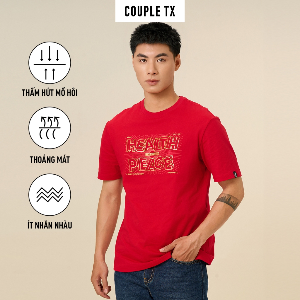 Ảnh Áo Thun Tết 2025 Couple TX Tết 2025 In Kim Tuyến Chữ Health And Peace Vải Cotton Form Regular TS 439 4