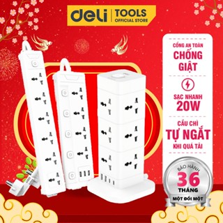 Ổ Cắm Điện Đa Năng DELI Cổng Type C USB Sạc Nhanh PD 20W 2-12 Ổ Vuông Dẹt Chịu Tải 2500W Cầu Chì Tự Ngắt Khi Quá Tải