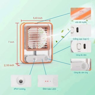 Quạt Hơi Nước Mini Để Bàn - Quạt Phun Sương Sạc Tích Điện Trong Suốt 3 Cấp Độ Gió , Cảm Ứng NANO - Tiện lợi
