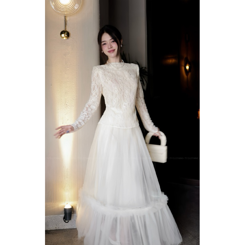 Set Áo Ren Chân Váy Lưới Dài Có Hai Lớp- Hàng Thiết Kế- Màu Be Vàng- TYCLOTHING