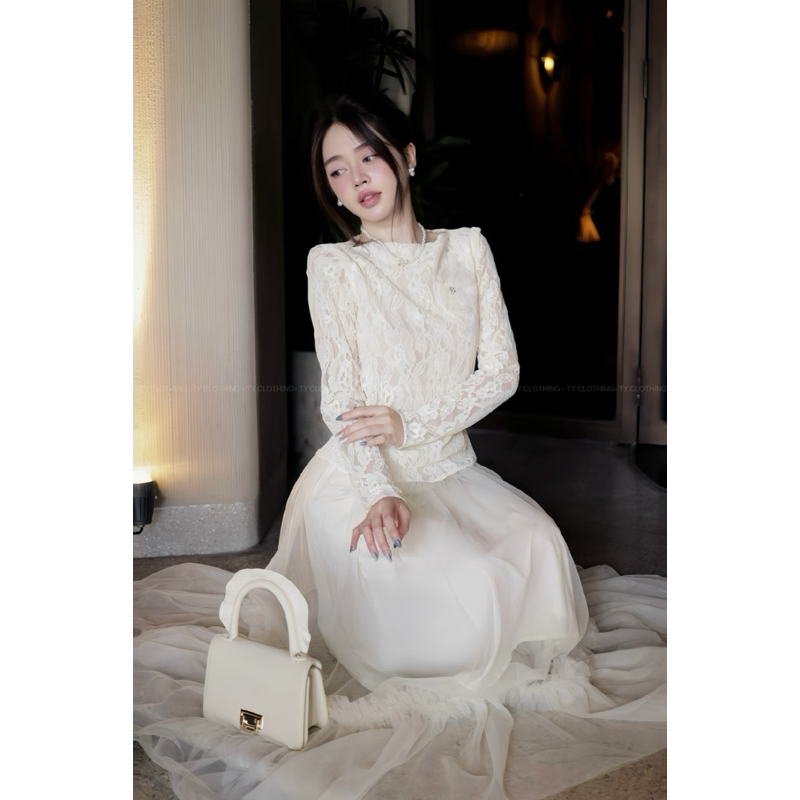 Set Áo Ren Chân Váy Lưới Dài Có Hai Lớp- Hàng Thiết Kế- Màu Be Vàng- TYCLOTHING