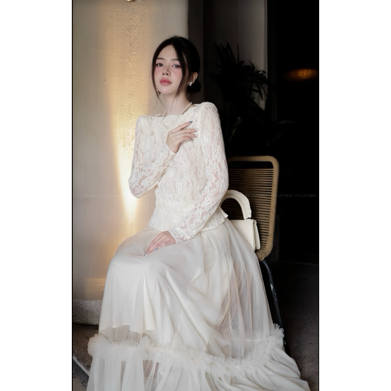 Set Áo Ren Chân Váy Lưới Dài Có Hai Lớp- Hàng Thiết Kế- Màu Be Vàng- TYCLOTHING