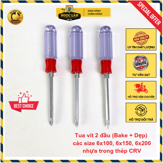 Tua vít 2 đầu nhựa trong, tua vít đổi đầu 6 li 1 tất, 1.5 tất, 2 tất tiêu chuẩn USA, thép CRV