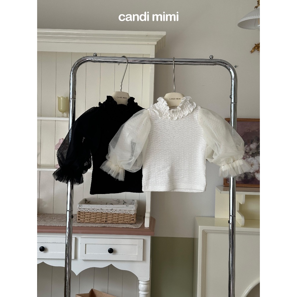 CANDIMIMI Áo cổ cao viền bèo tay bồng cao cấp - Phong cách Hàn Quốc