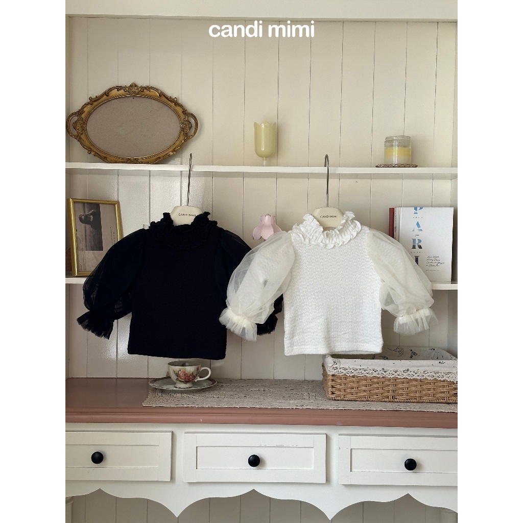 CANDIMIMI Áo cổ cao viền bèo tay bồng cao cấp - Phong cách Hàn Quốc