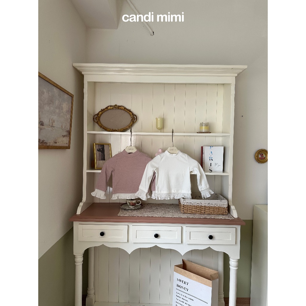 CANDIMIMI Áo cổ 3 phân viền bèo gấu tay và gấu áo - Phong cách Hàn Quốc