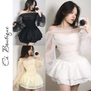 (Ảnh Chính Chủ) Sét Áo Ren Lưới Trễ Vai Tay CHỮ "MD" Dài Tiểu Thư 3 Lớp + Chân Váy 3 Lớp Xòe Tôn Dáng