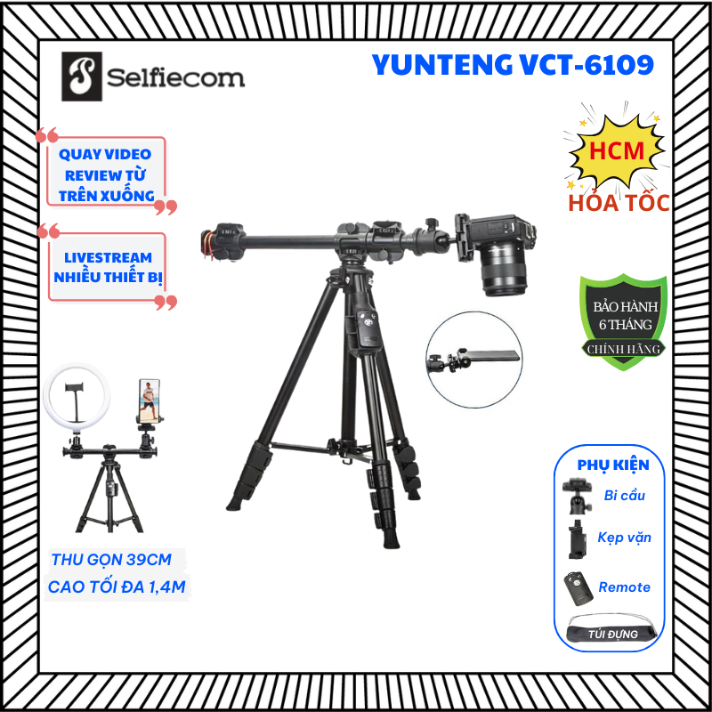 Chân máy ảnh điện thoại Yunteng VCT-6109 – Tripod có thanh ngang quay từ trên xuống, gấp gọn 39cm, kèm remote Bluetooth