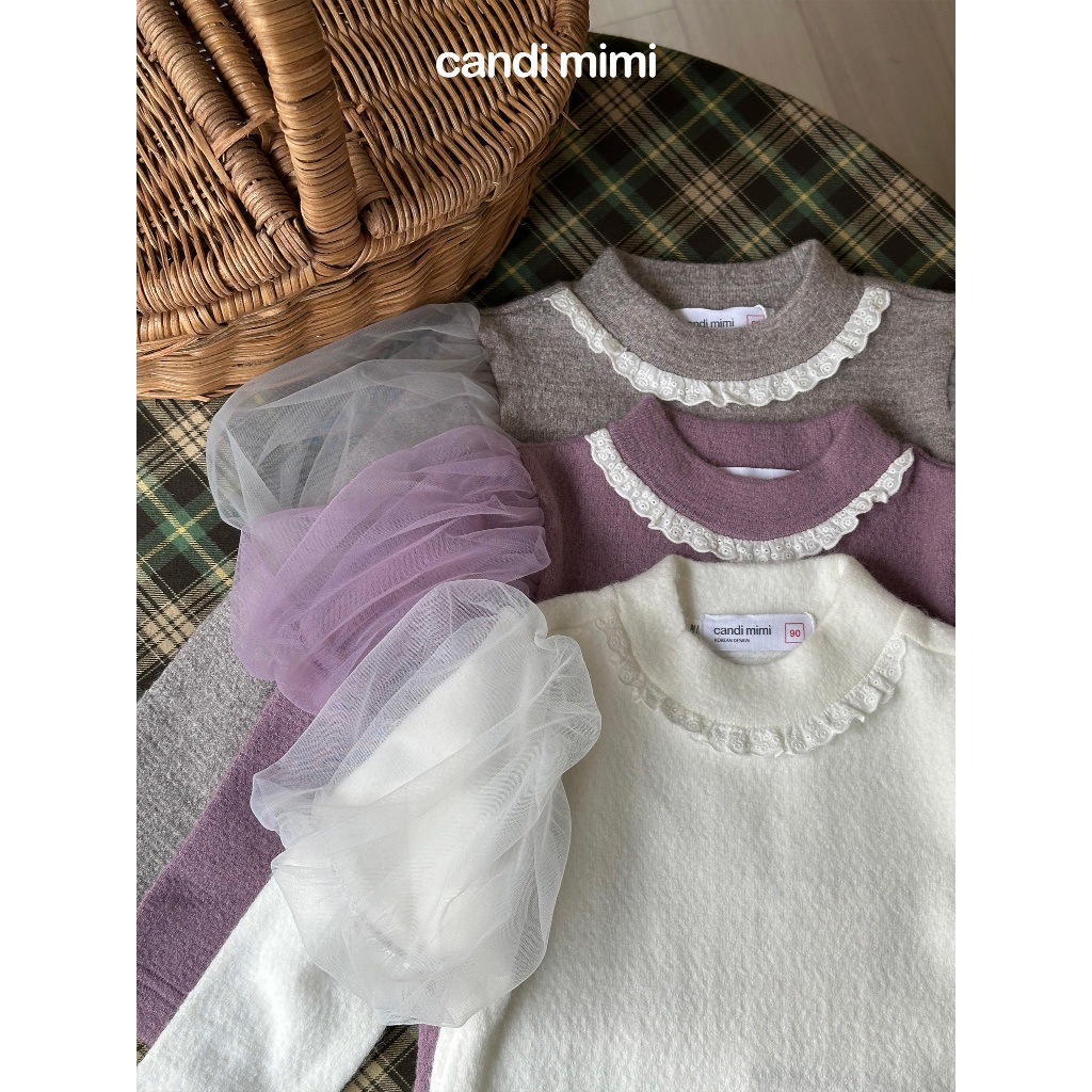 CANDIMIMI Áo dài tay đính voan ngắn cổ tròn cao cấp - Phong cách Hàn Quốc