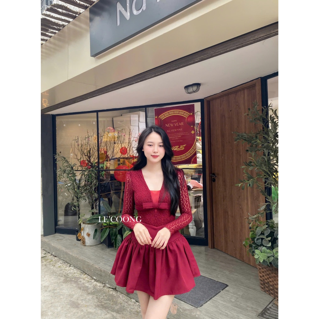 Ảnh Váy Tiểu Thư Dáng Ngắn Hai Màu Đen Be Đỏ LECOONG V709  Đầm Đẹp Phối Ren Đính Nơ Sang Chảnh 2