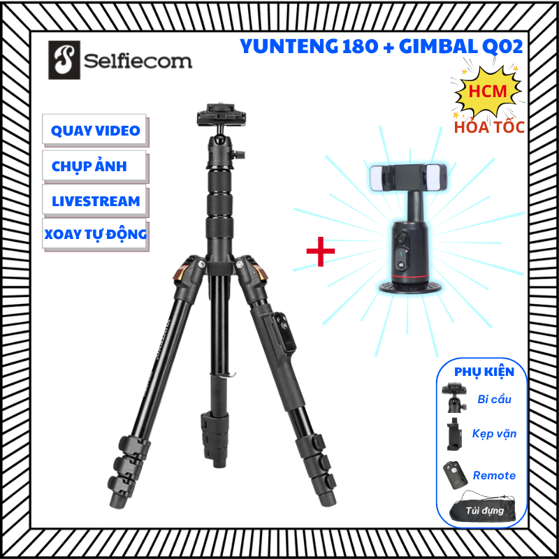 Combo Tripod Yunteng VCT-180 Và Gimbal Q02 - Phụ Kiện Quay Video, Livestream Chuyên Nghiệp