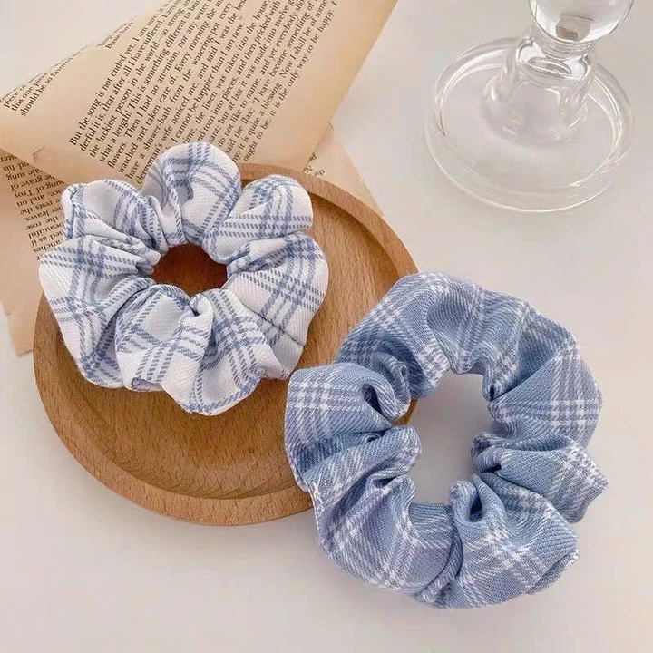 Cột Tóc Vải Scrunchies Họa Tiết Caro Vintage, Dây Buộc Tóc Scrunchies Cứng