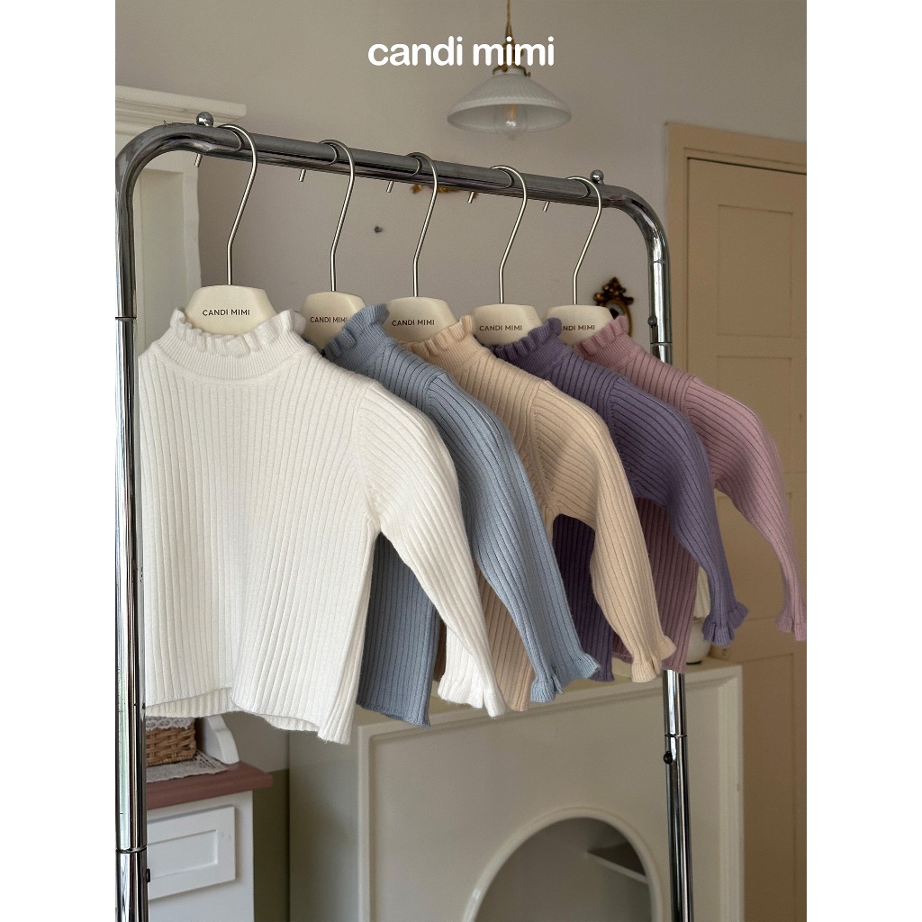 CANDIMIMI Áo len cao cấp mềm mịn cổ và tay viền bèo - Phong cách Hàn Quốc