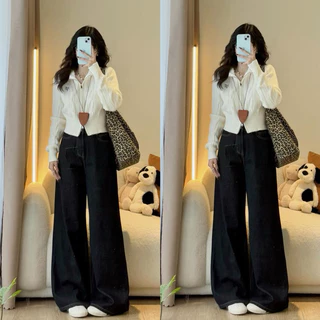 (ẢNH OLDSCHOOL)  Quần jeans XANH ĐẬM ỐNG LOE FORM RỘNG DÀI CHÙM Q7768