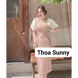 Váy body Tafa tay bồng cổ vuông – thiết kế cao cấp màu kem & hồng | Kim Thoa Design + ảnh thật khách