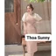 Váy body Tafa tay bồng cổ vuông – thiết kế cao cấp màu kem & hồng | Kim Thoa Design + ảnh thật khách