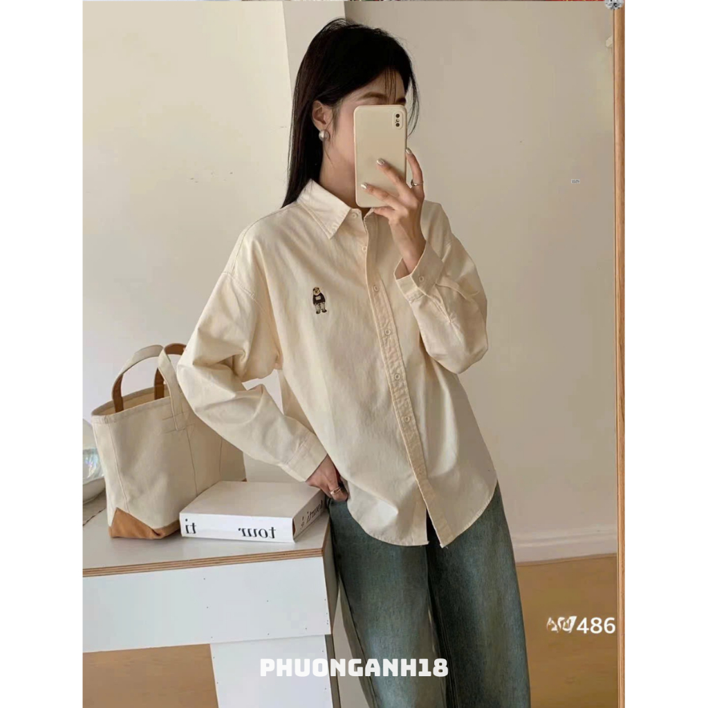 Áo Sơ mi thêu gấu chất vải thô mới hàng qc (ko kèm khăn) 486