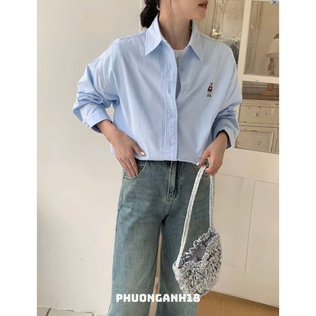 Áo Sơ mi thêu gấu chất vải thô mới hàng qc (ko kèm khăn) 486