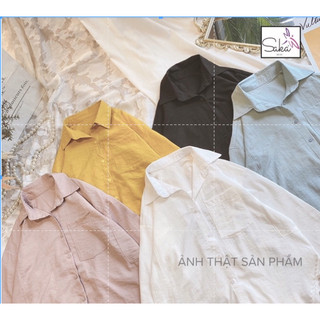 Áo sơ mi đũi nữ tay dài dáng rộng phong cách ulzzang xanh ngọc trẻ trung dễ thương
