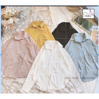 Áo sơ mi đũi nữ tay dài dáng rộng phong cách ulzzang xanh ngọc trẻ trung dễ thương