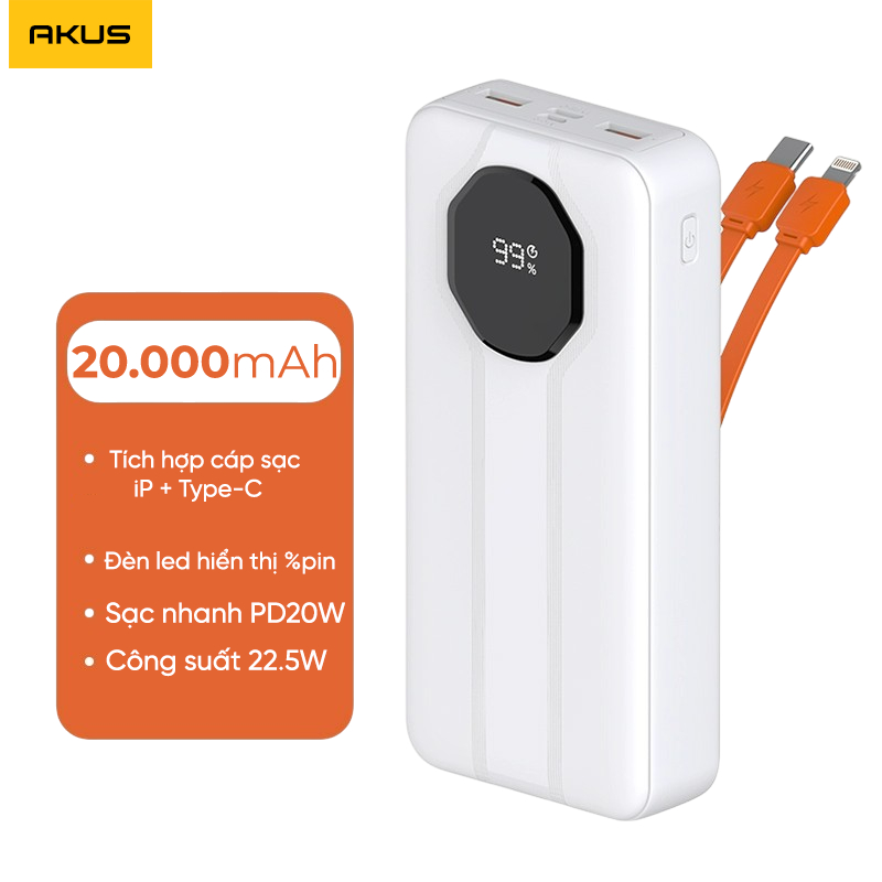 Ảnh Sạc dự phòng 20000mAh AKUS A22lux Sạc nhanh 20W Type-C in/out 4