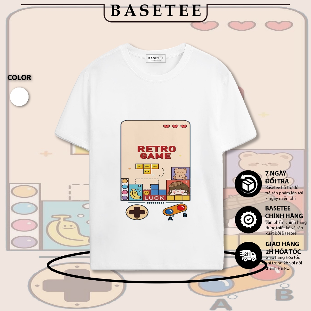 Áo thun trắng in hình Retro Game co dãn thấm hút mồ hôi size 40-100kg form rộng Basetee Unisex