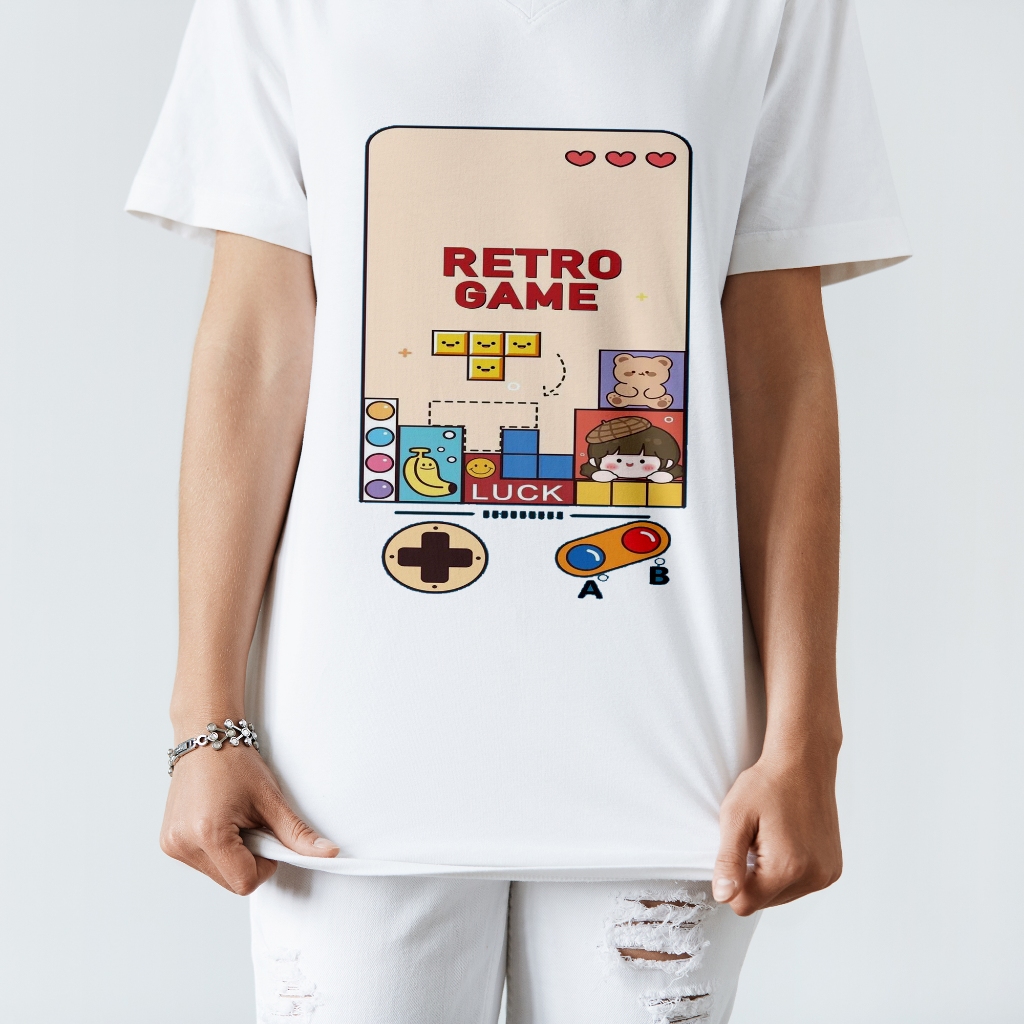 Áo thun trắng in hình Retro Game co dãn thấm hút mồ hôi size 40-100kg form rộng Basetee Unisex