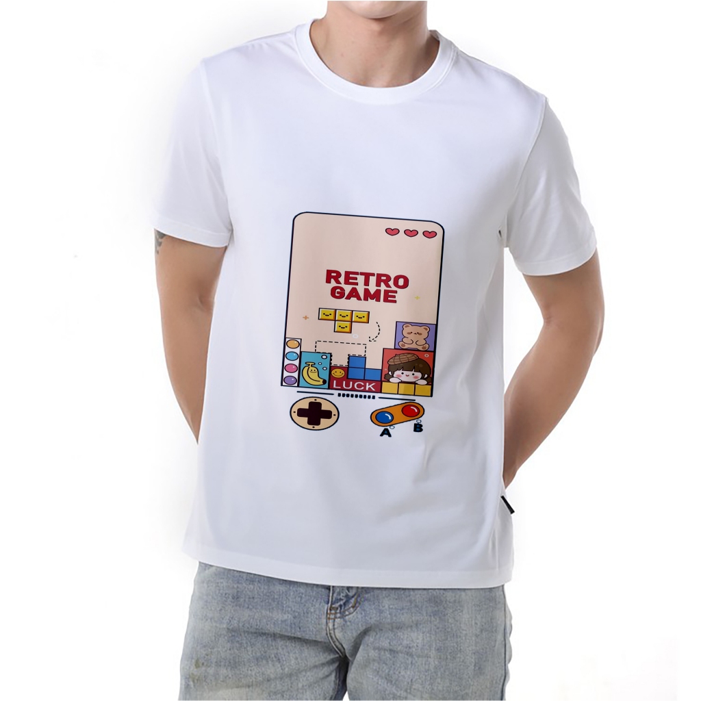 Áo thun trắng in hình Retro Game co dãn thấm hút mồ hôi size 40-100kg form rộng Basetee Unisex