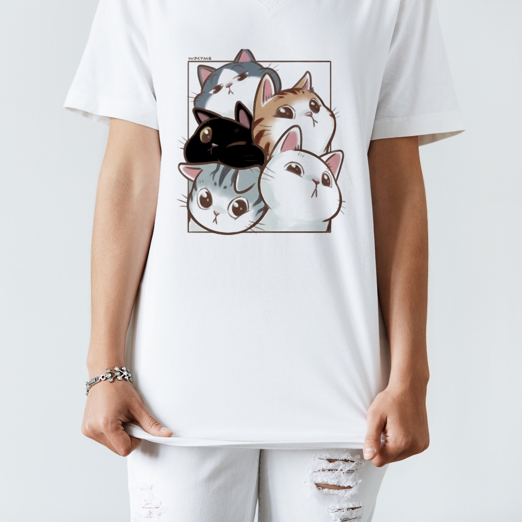 Áo thun trắng in hình Five Cat co dãn thấm hút mồ hôi size 40-100kg form rộng Basetee Unisex