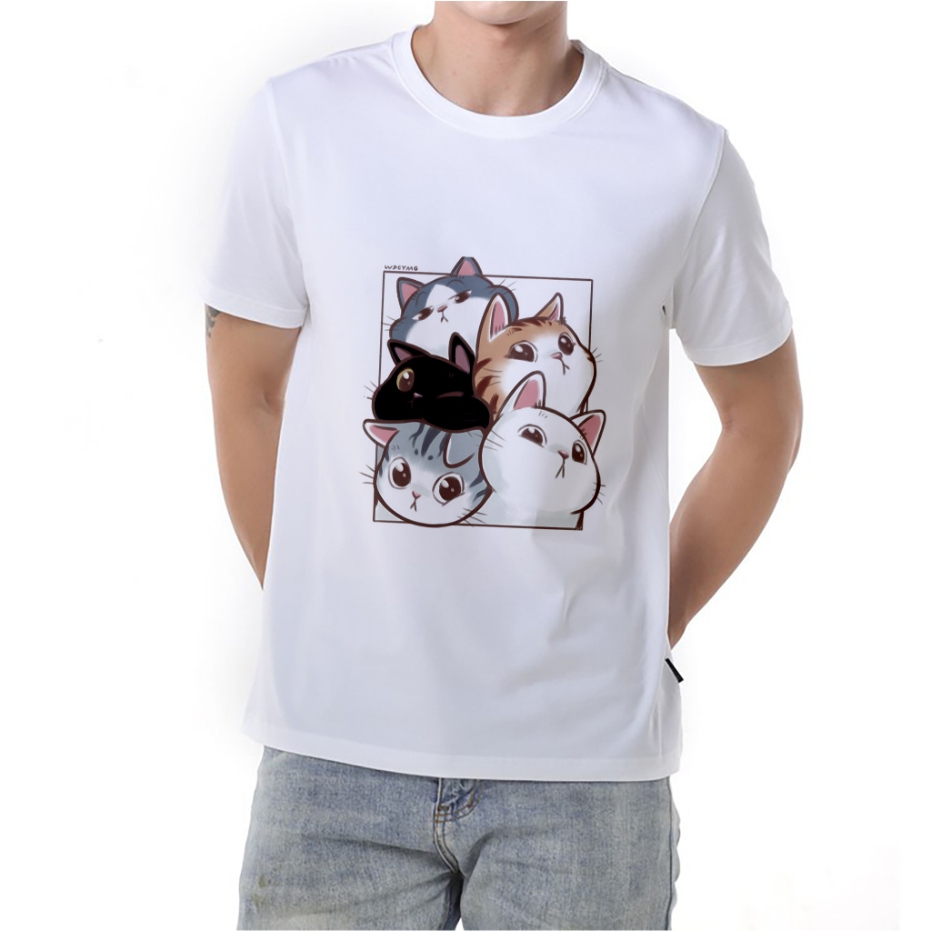 Áo thun trắng in hình Five Cat co dãn thấm hút mồ hôi size 40-100kg form rộng Basetee Unisex