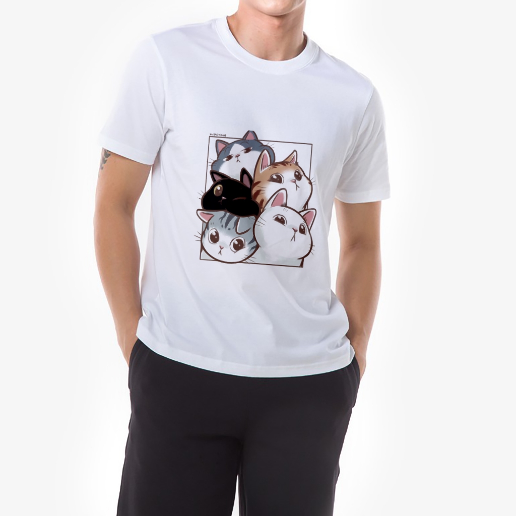 Áo thun trắng in hình Five Cat co dãn thấm hút mồ hôi size 40-100kg form rộng Basetee Unisex