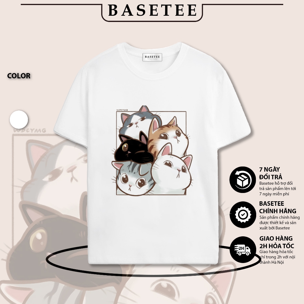 Áo thun trắng in hình Five Cat co dãn thấm hút mồ hôi size 40-100kg form rộng Basetee Unisex