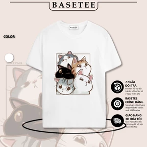 Áo thun trắng in hình Five Cat co dãn thấm hút mồ hôi size 40-100kg form rộng Basetee Unisex