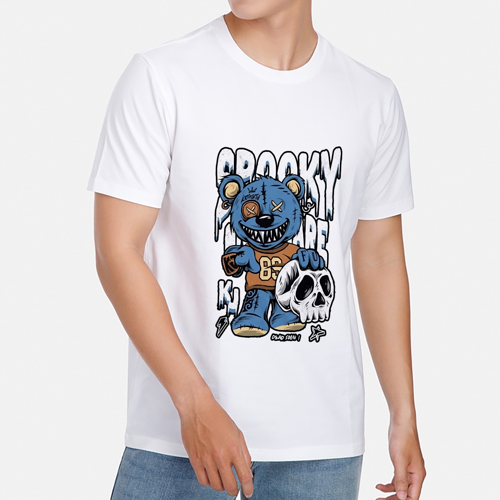 Áo thun trắng in hình Crooky Bear co dãn thấm hút mồ hôi size 40-100kg form rộng Basetee Unisex