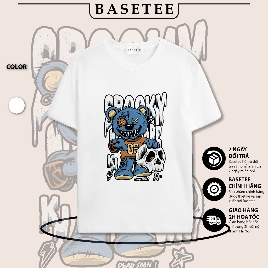 Áo thun trắng in hình Crooky Bear co dãn thấm hút mồ hôi size 40-100kg form rộng Basetee Unisex