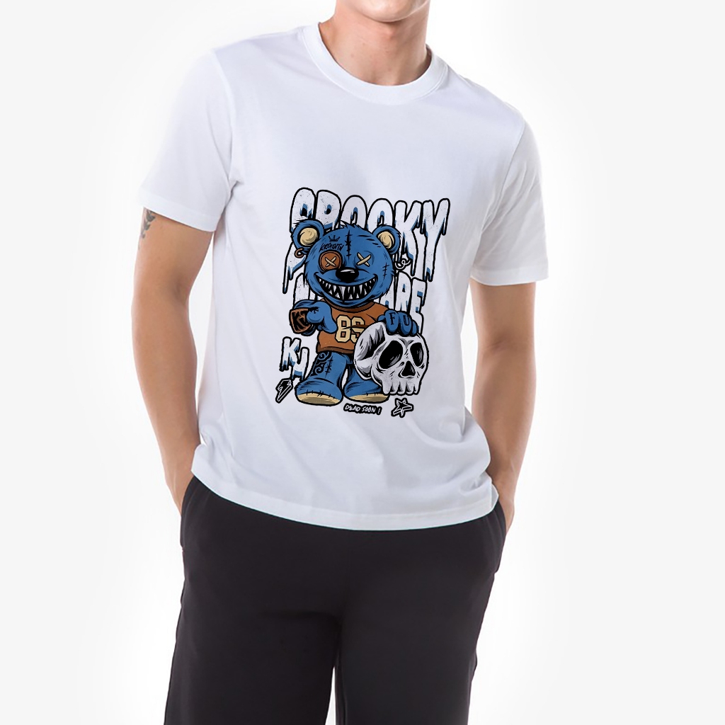Áo thun trắng in hình Crooky Bear co dãn thấm hút mồ hôi size 40-100kg form rộng Basetee Unisex
