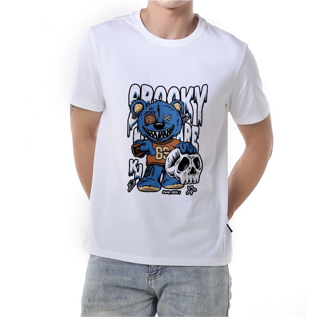 Áo thun trắng in hình Crooky Bear co dãn thấm hút mồ hôi size 40-100kg form rộng Basetee Unisex