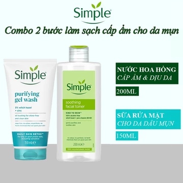 Combo sữa rửa mặt Simple cho da mụn + nước hoa hồng toner Simple 200ml Kind to Skin Soothing Facial