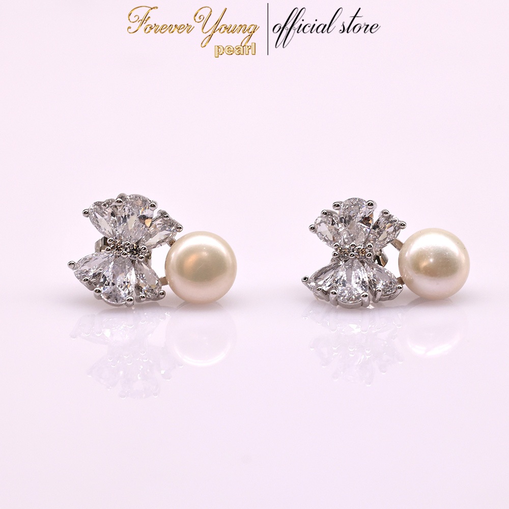 Mã BT11. Bông Tai mạ vàng Trắng ngọc Trai Nuôi Nước Ngọt Tím Dày 7 Li Đính Đá Cz Lắp Lánh . Forever Young Pearl