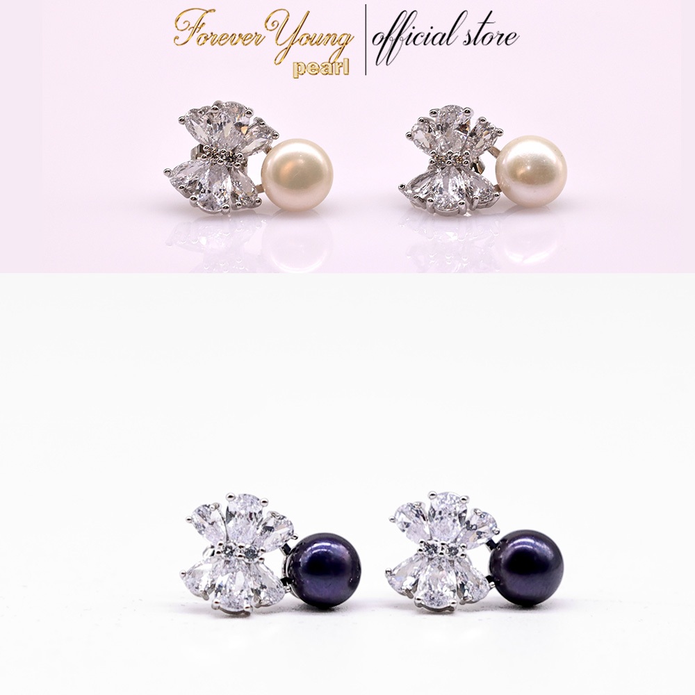 Mã BT11. Bông Tai mạ vàng Trắng ngọc Trai Nuôi Nước Ngọt Tím Dày 7 Li Đính Đá Cz Lắp Lánh . Forever Young Pearl