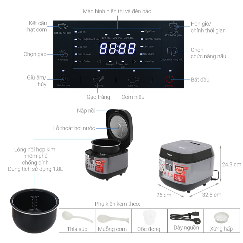 Nồi cơm điện tử Tefal RK776B68 1.8L - Lòng nồi niêu dày 4mm - Bảo hành chính hãng 24 tháng