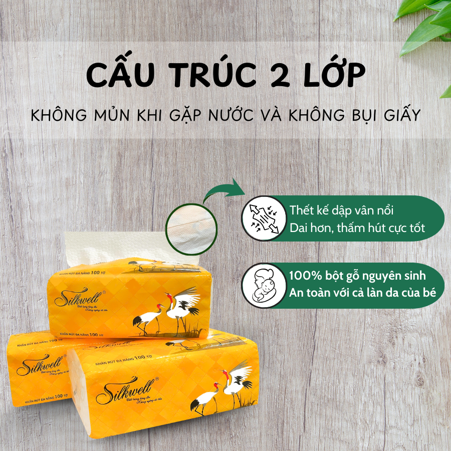 Giấy rút đa năng Silkwell SẾU Thùng 9 gói 100 tờ 2 lớp siêu dai, chất giấy xốp không mủn khi gặp nước