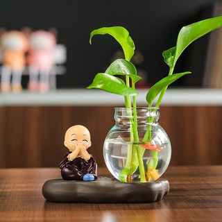 Bình Thủy Canh Chú Tiểu Kèm Đế Gốm Cao Cấp và Tượng - Thanh Lọc Không Khí, Trang Trí Không Gian