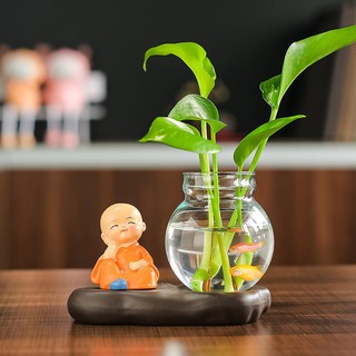 Bình Thủy Canh Chú Tiểu Kèm Đế Gốm Cao Cấp và Tượng - Thanh Lọc Không Khí, Trang Trí Không Gian